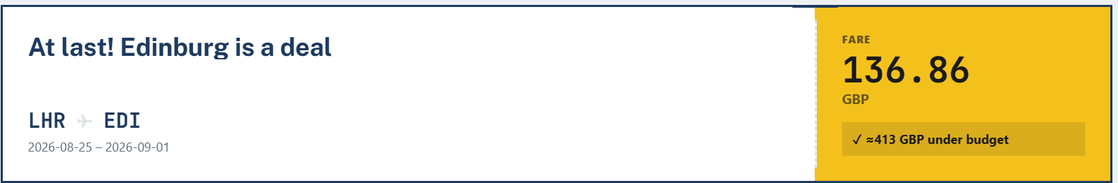 Real FlyAtlast deal example: At last, Edinburgh is a deal. LHR to EDI, Aug 25 to Sep 1, fare 136.86 GBP, about 413 GBP under budget.